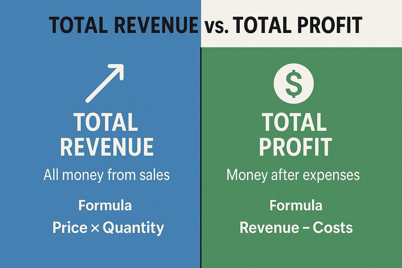 Comparison infographic in 1536x1024 landscape format titled "Total Revenue vs. Total Profit". Split the image into two columns with a clear 