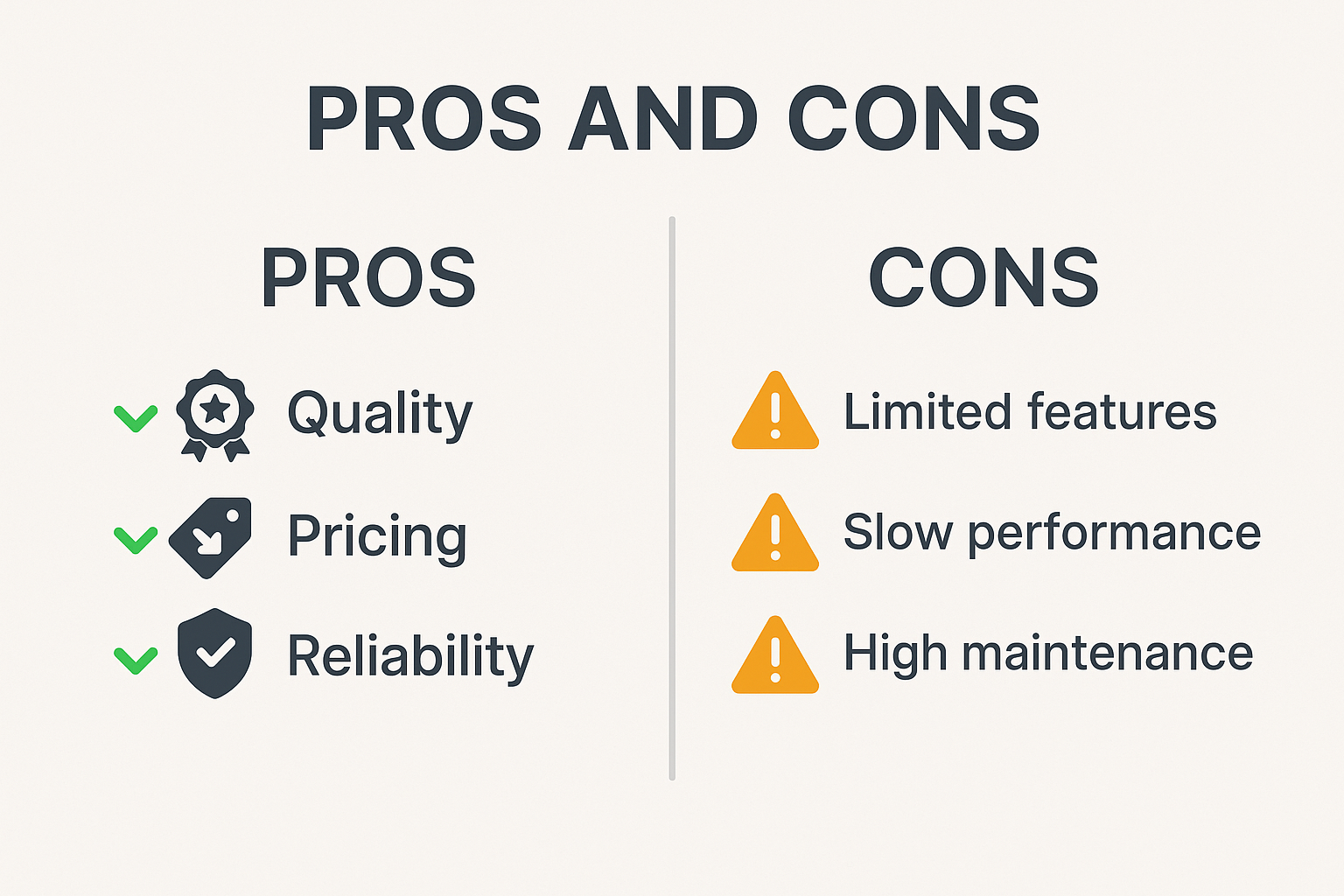 Create a pros and cons summary image in 1536x1024 landscape format with two distinct sections. Left side shows advantages with green checkma