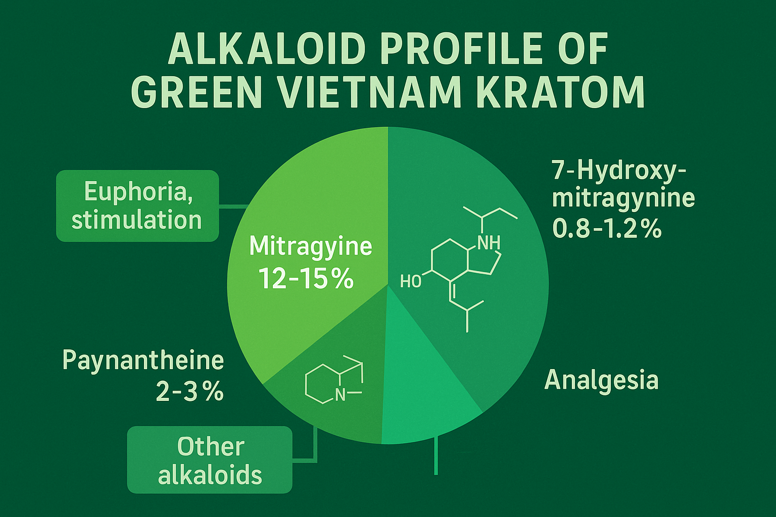Create a 1536x1024 landscape infographic showing the alkaloid profile of Green Vietnam Kratom. Display a circular chart with different color