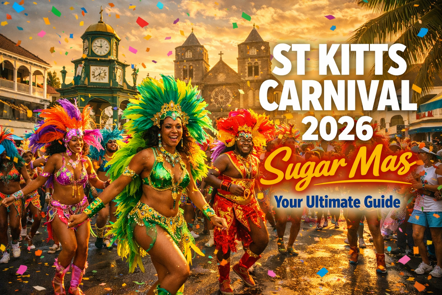 Cover image in 1536x1024 landscape format. Vibrant scene of St Kitts carnival parade with colorful feathered costumes, masqueraders dancing 