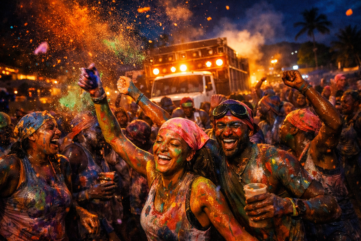 Square 1024x1024 image showing J'ouvert celebration. Energetic scene of revelers covered in colorful paint and powder, dancing in pre-dawn d