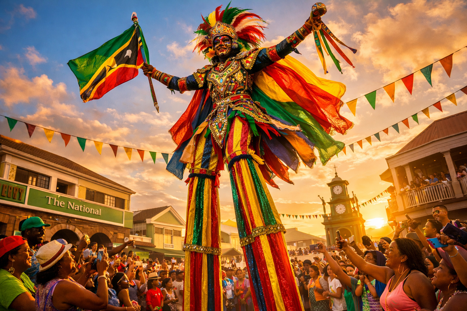 Square 1024x1024 image of Moko Jumbie stilt dancer in elaborate costume towering over carnival crowd. Dramatic upward angle shot showing int