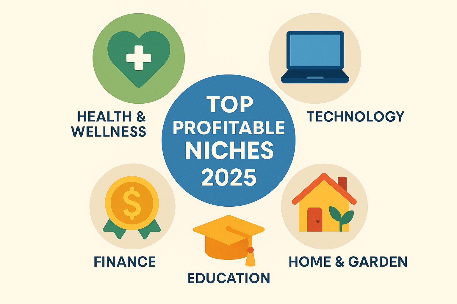 Design a 1024x1024 square image illustrating popular affiliate marketing niches with colorful icons representing health & wellness, technolo