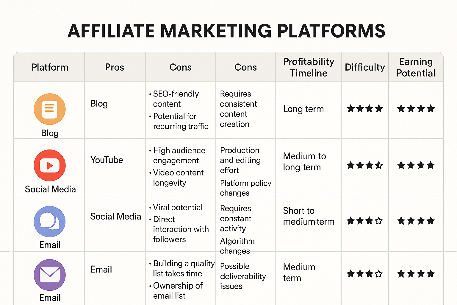 Create a 1536x1024 landscape comparison chart showing different affiliate marketing platforms (Blog, YouTube, Social Media, Email) with thei