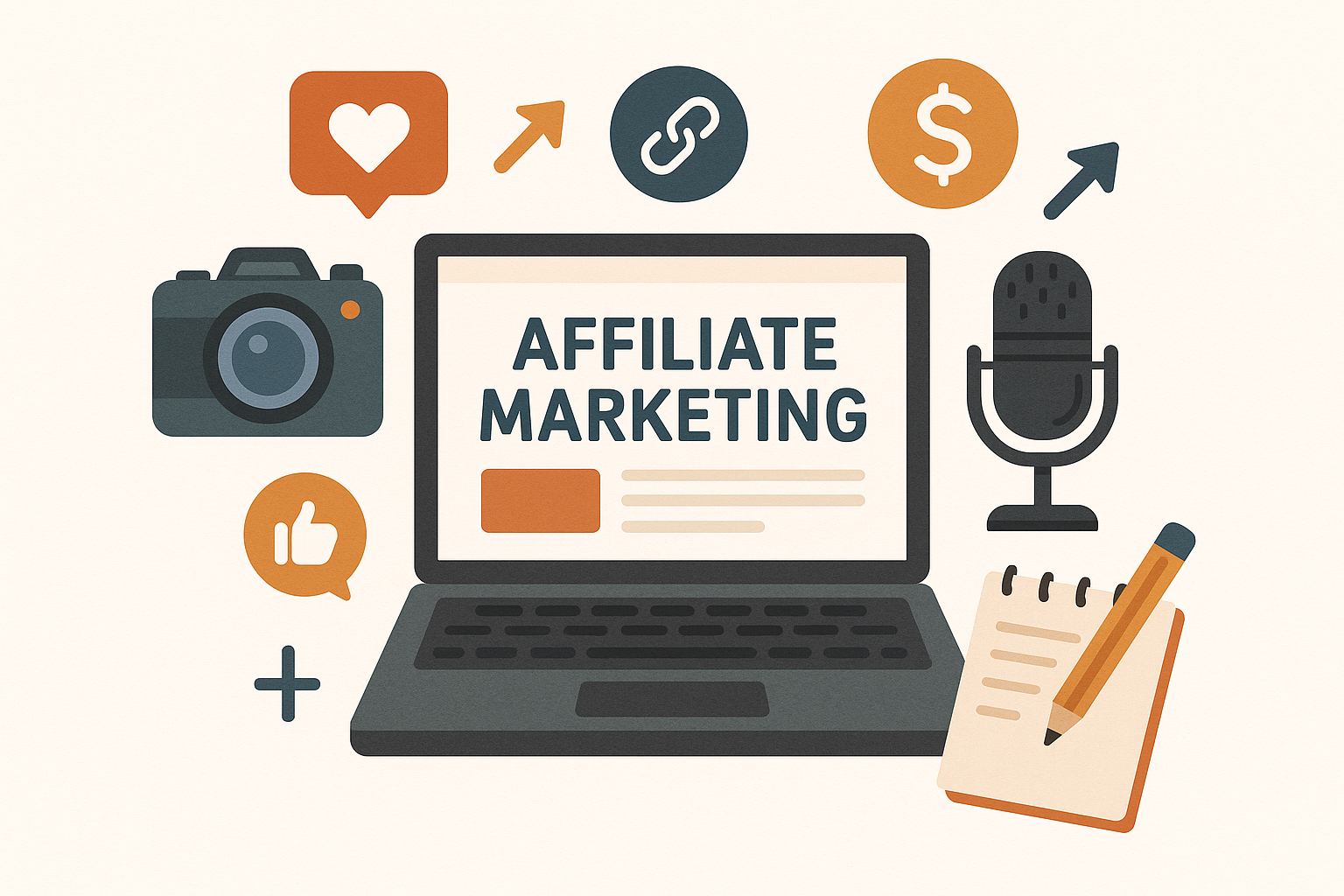 Design a 1024x1024 square image showing content creation elements for affiliate marketing including a laptop, camera, microphone, and notepa