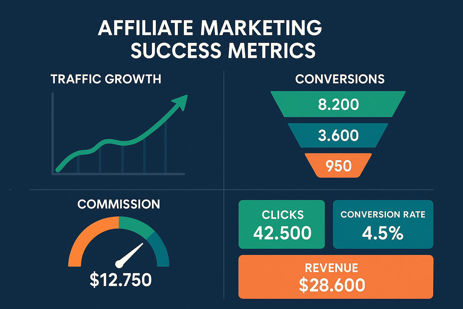 Create a 1536x1024 landscape infographic displaying affiliate marketing success metrics with colorful charts, graphs, and KPI indicators. In