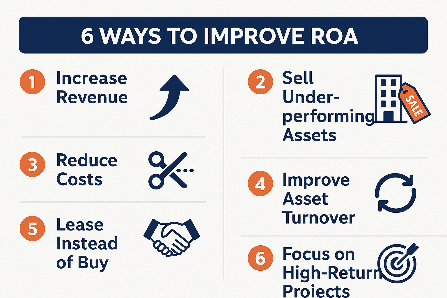 Landscape infographic (1536x1024) illustrating "6 Ways to Improve ROA" with numbered sections. Show: 1) Increase Revenue (upward arrow), 2)