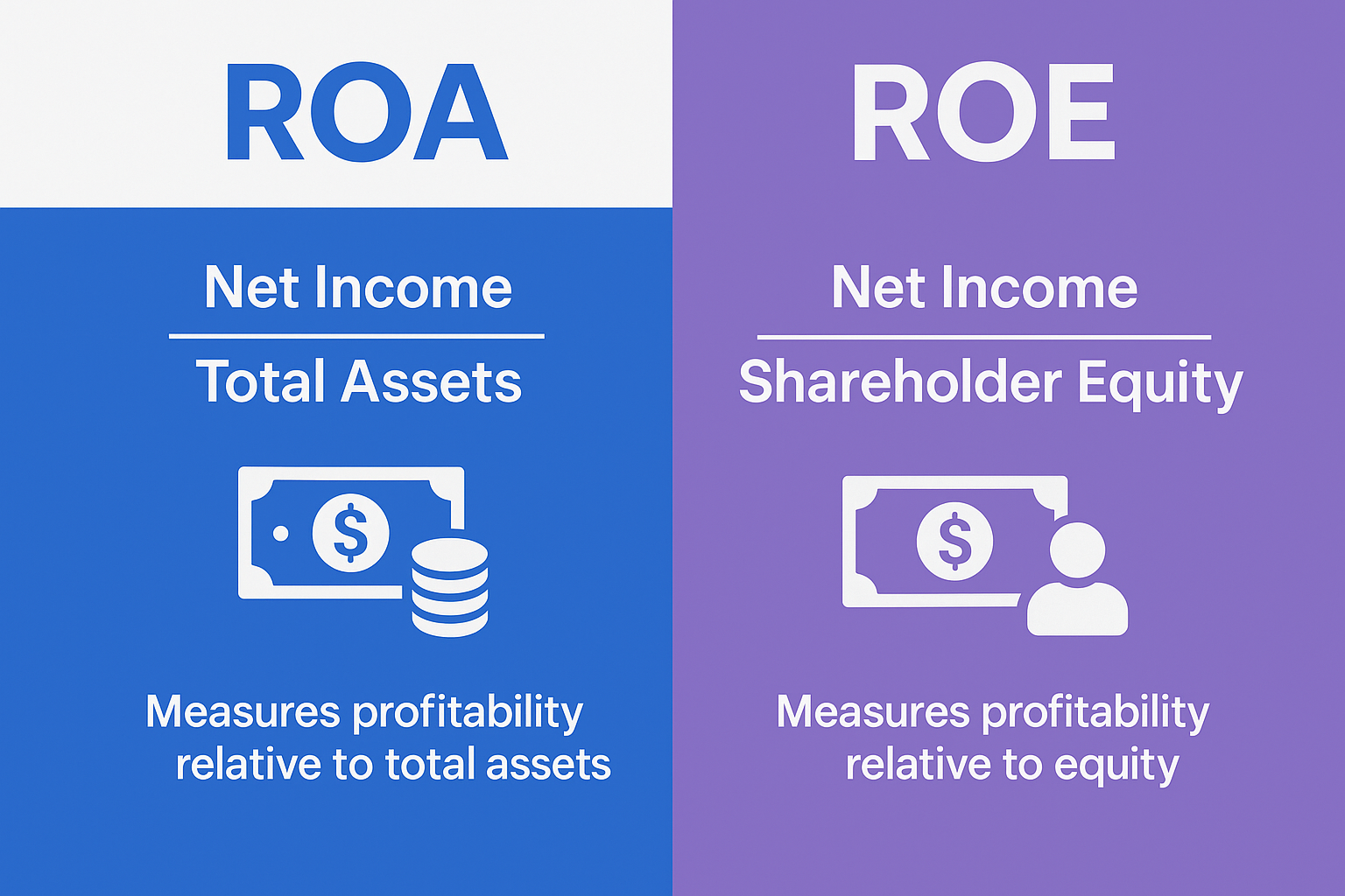Square image (1024x1024) showing ROA vs ROE comparison. Split the image vertically. Left side: "ROA" with formula "Net Income / Total Assets