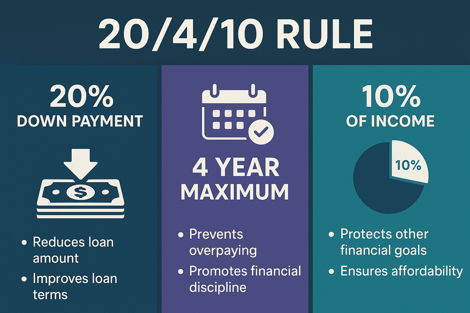 Create a 1536x1024 landscape infographic showing the three components of the 20/4/10 Rule. Divide the image into three equal vertical sectio