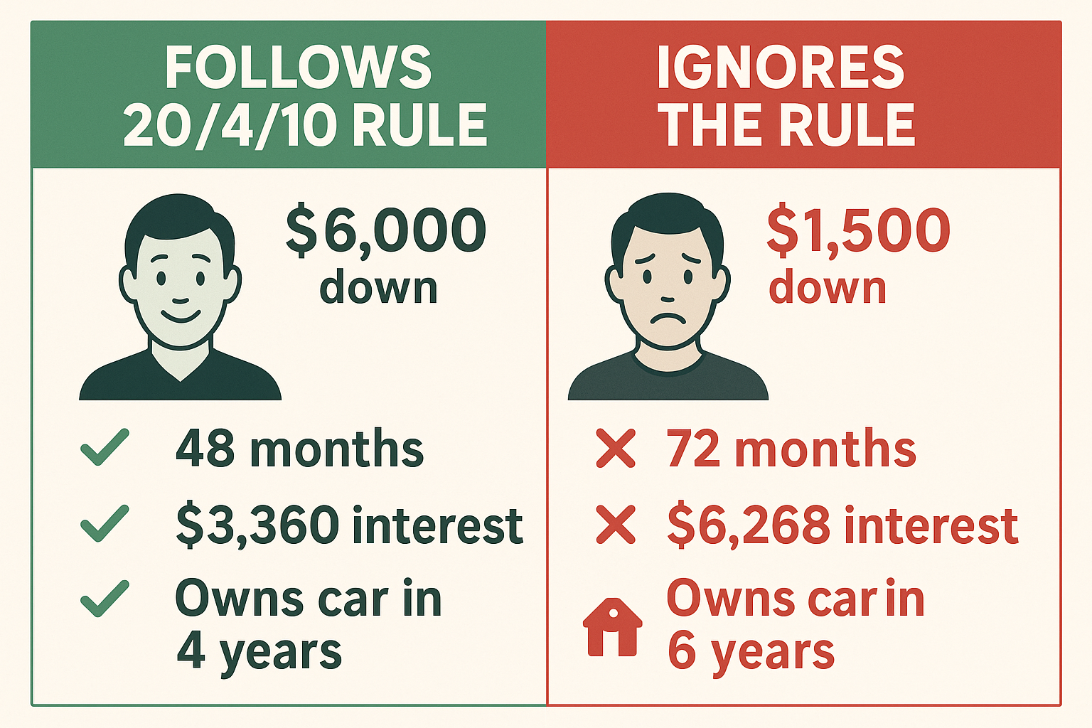Create a 1024x1024 square comparison image showing two car buyers side by side. Left side labeled "FOLLOWS 20/4/10 RULE" with a happy person