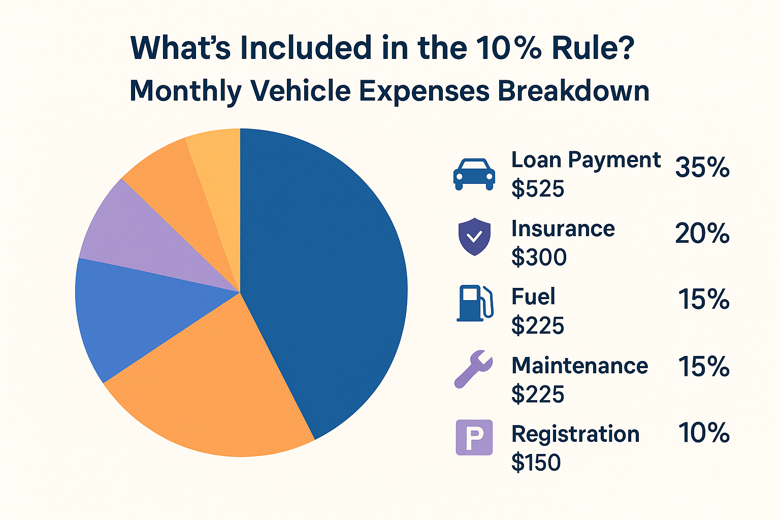 Create a 1536x1024 landscape visual guide showing "Monthly Vehicle Expenses Breakdown" as a circular pie chart or stacked bar chart. Show si