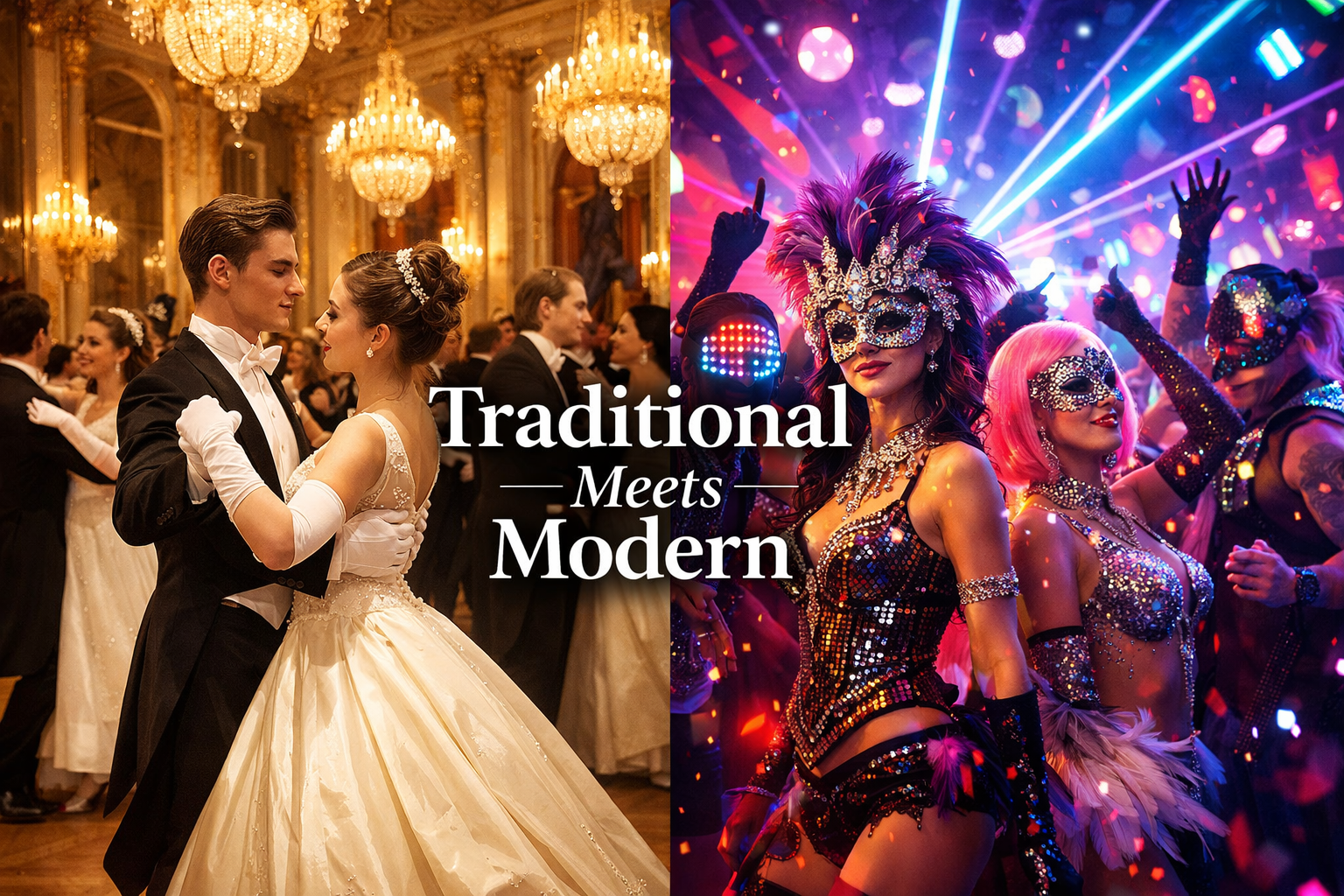 Square image 1024x1024 showing a split composition: left side features traditional Vienna ball dancers in elegant formal wear (white tie and