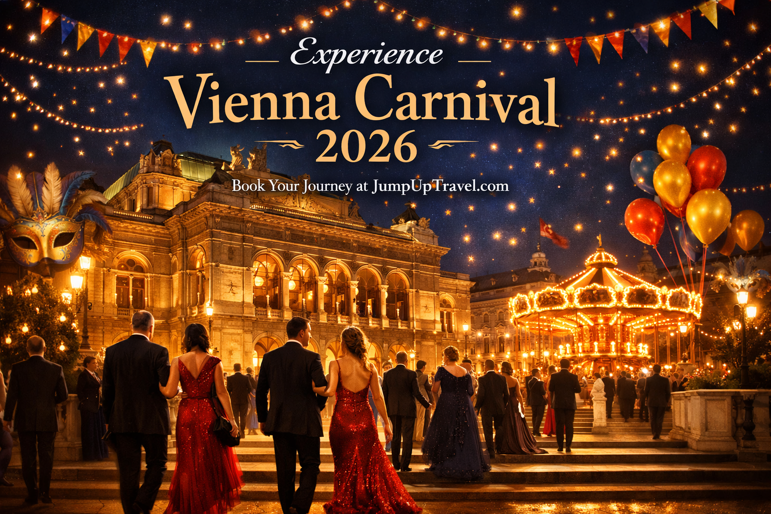 Square image 1024x1024 showing Vienna's iconic architecture (Opera House or Hofburg Palace) at night during carnival season with elegant lig
