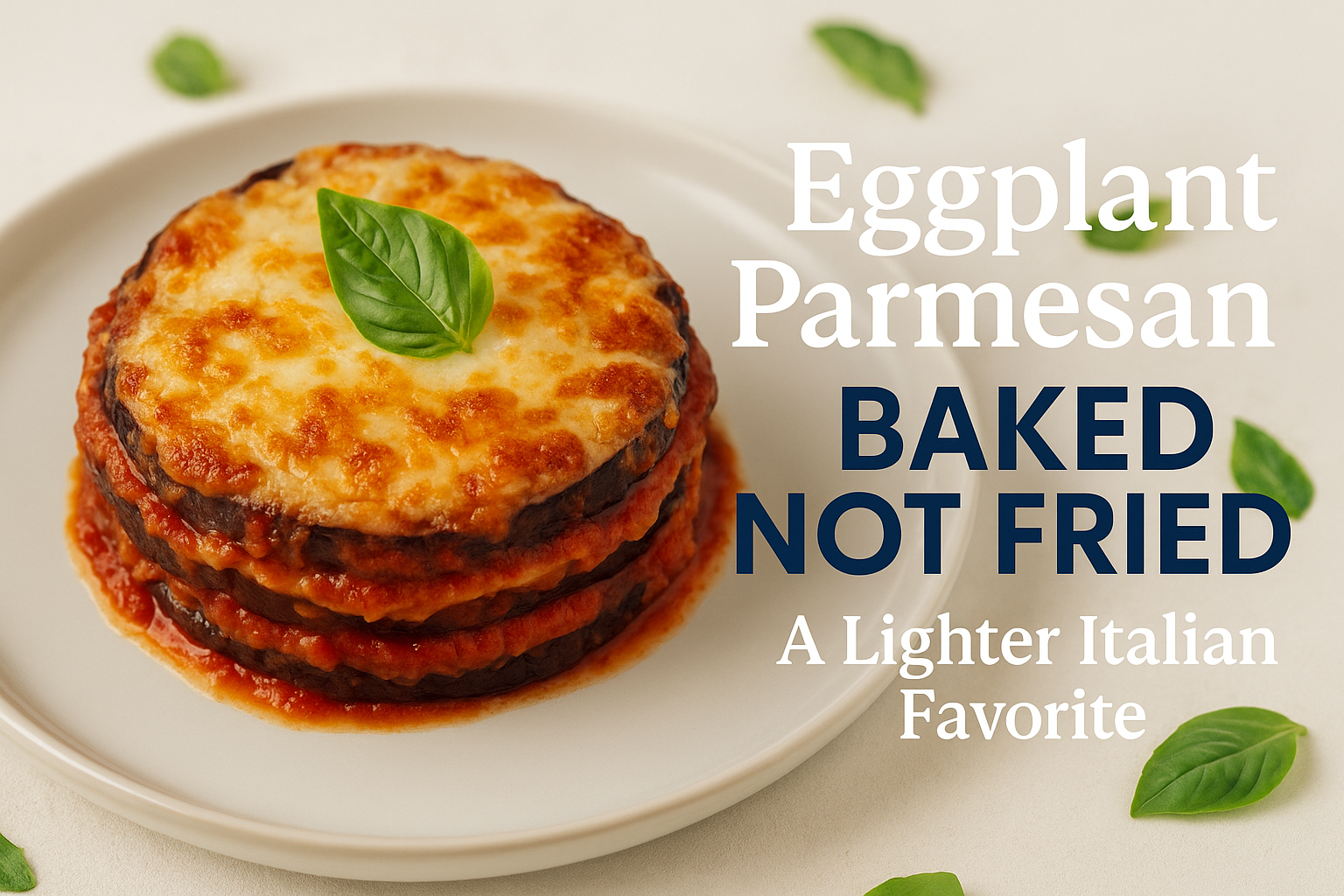 A stunning landscape cover image (1536x1024) featuring a beautifully plated serving of golden-brown baked eggplant parmesan with melted chee