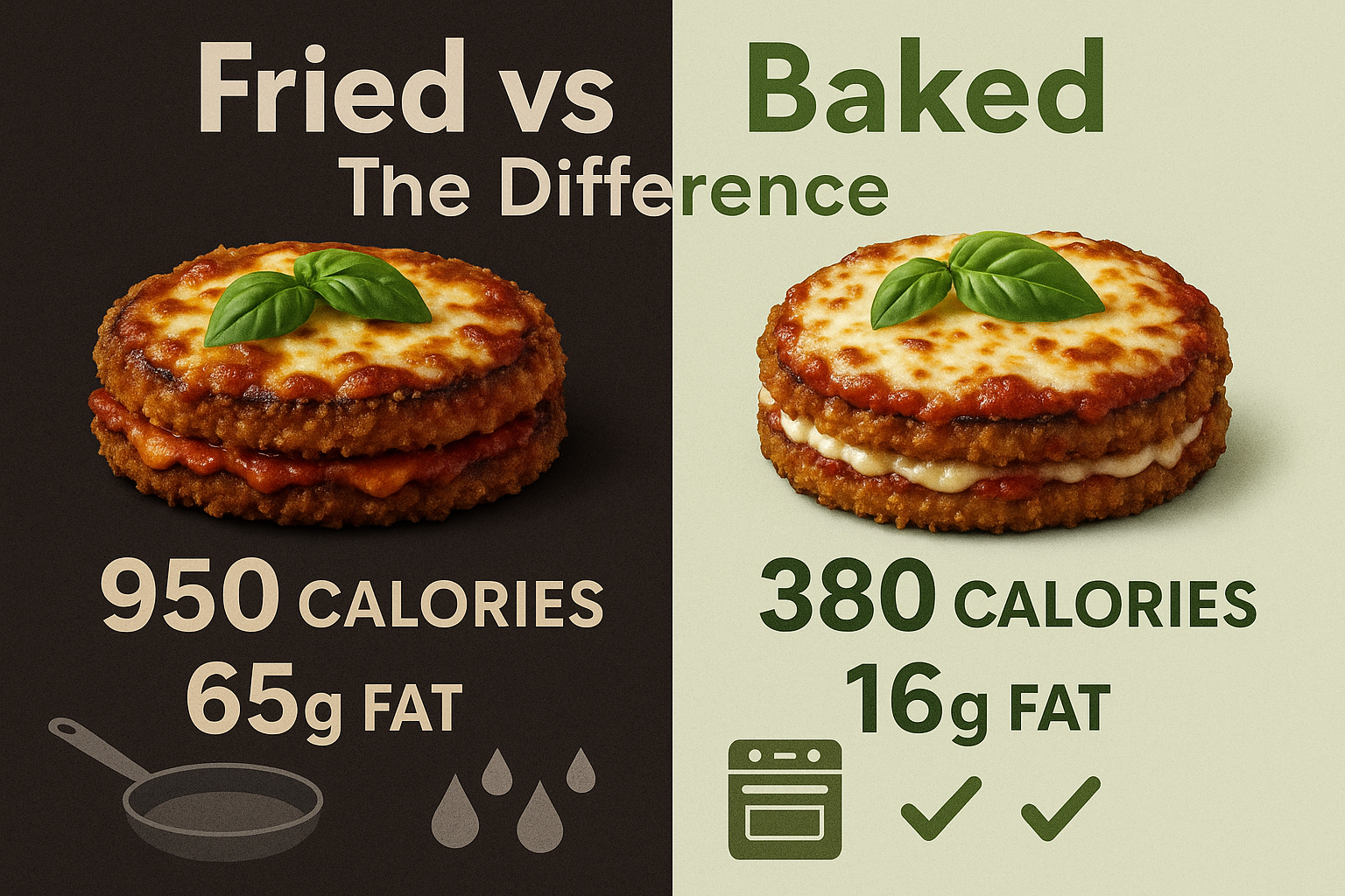 A detailed infographic in landscape format (1536x1024) comparing fried versus baked eggplant parmesan. Split the image vertically down the m