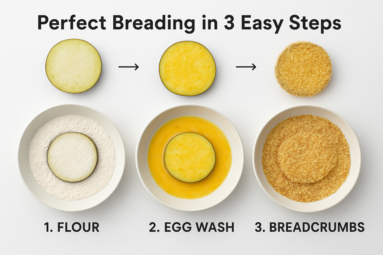 A step-by-step visual guide in landscape format (1536x1024) showing the three-station breading process for eggplant. Display three shallow b