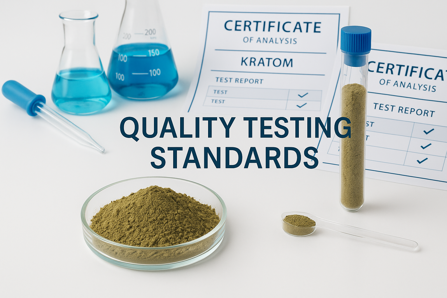 Create a 1024x1024 square image depicting lab testing equipment and certificates with kratom powder samples. Include "Quality Testing Standa