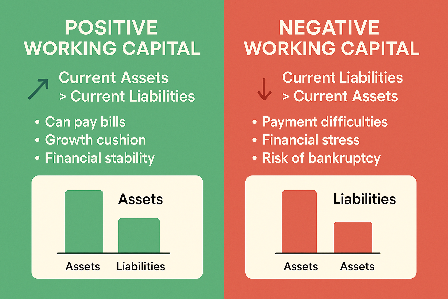 Create a 1536x1024 landscape comparison chart showing "Positive vs Negative Working Capital". Split the image vertically into two sections. 