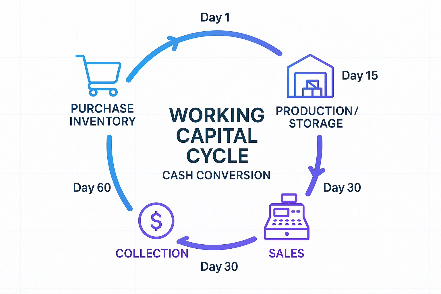 Create a 1536x1024 landscape infographic illustrating "The Working Capital Cycle". Design a circular flow diagram with four stages connected