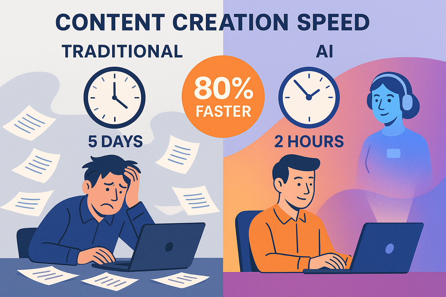 Square 1024x1024 image illustrating "Content Creation Speed: Traditional vs AI". Split design showing left side with stressed marketer surro