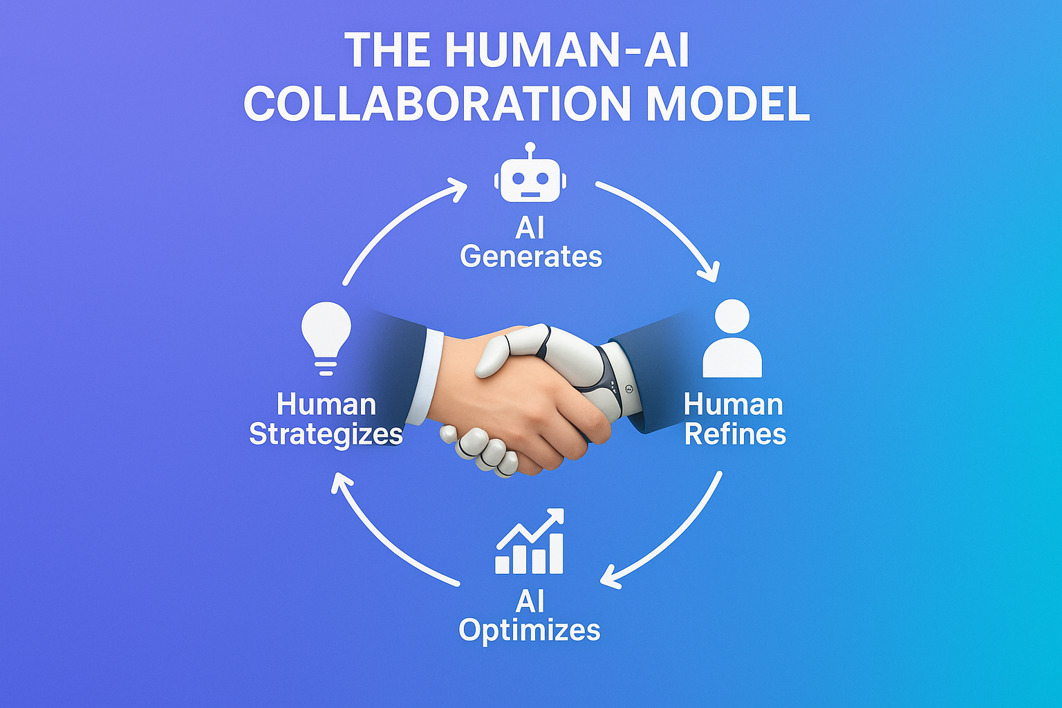 Square 1024x1024 image showing "The Human-AI Collaboration Model". Circular workflow diagram with four stages connected by arrows: "AI Gener