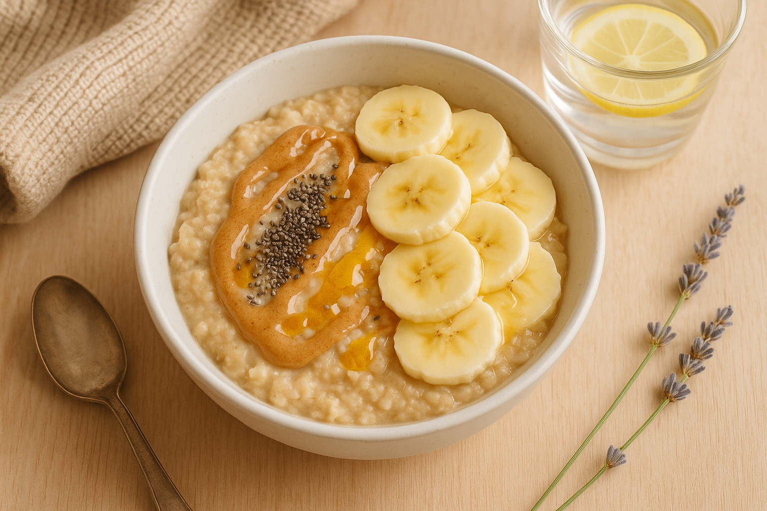 Square 1024x1024 image showing a beautifully styled breakfast bowl. Overhead shot of oatmeal topped with sliced bananas, almond butter drizz