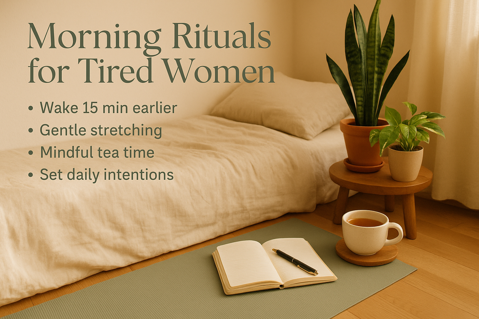 Landscape 1536x1024 format showing a beautiful morning routine scene. Warm, natural lighting. Cozy bedroom setting with journal, tea cup, yo