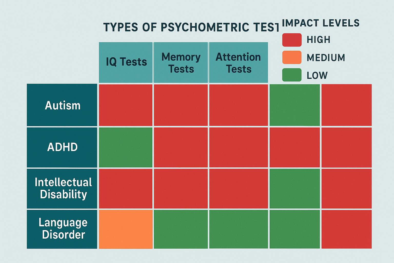Landscape 1536x1024 infographic showing the impact levels (high, medium, low) of different neurodevelopmental disorders on various types of