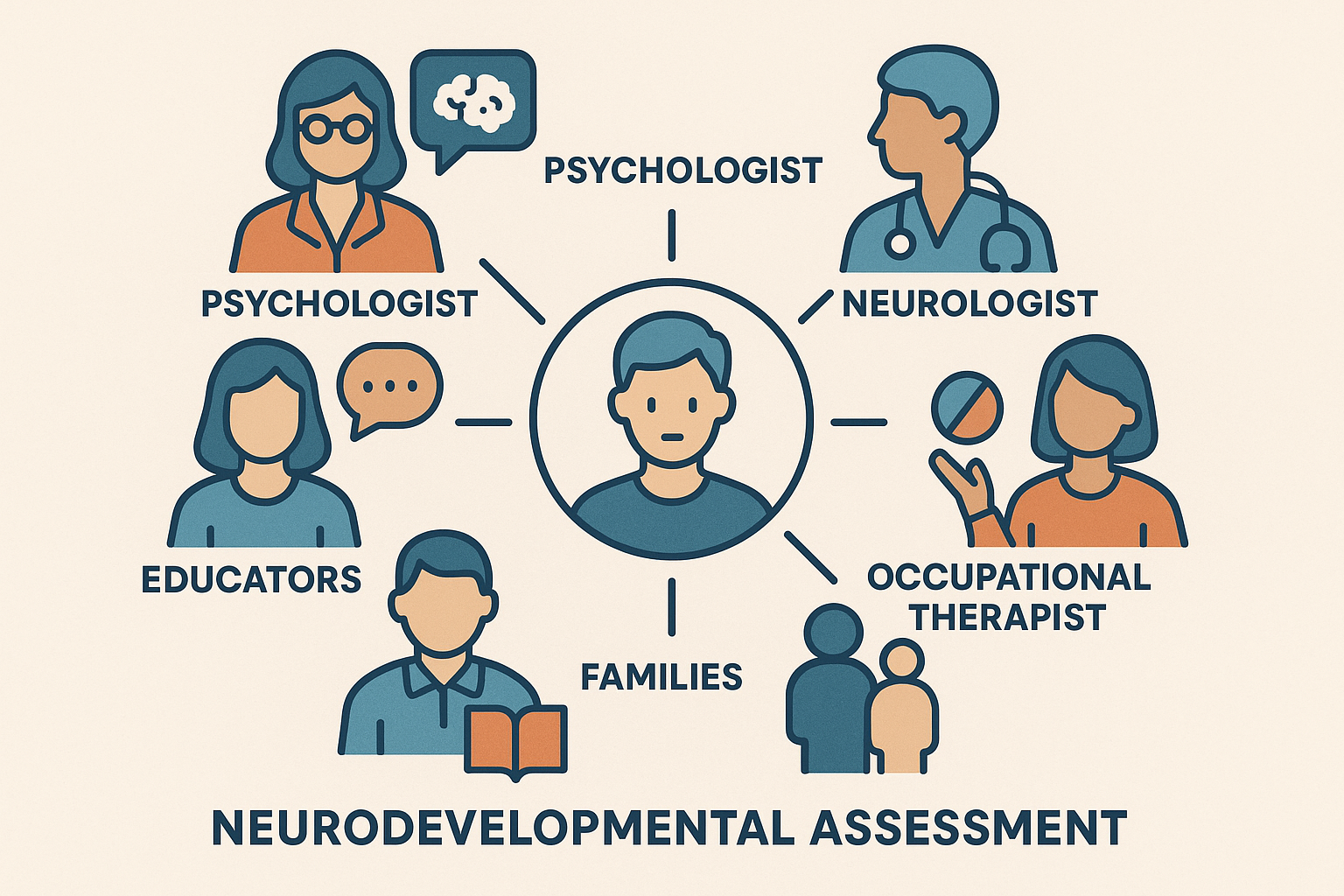 Square 1024x1024 image depicting the collaboration between different professionals in neurodevelopmental assessment. Show stylized icons rep
