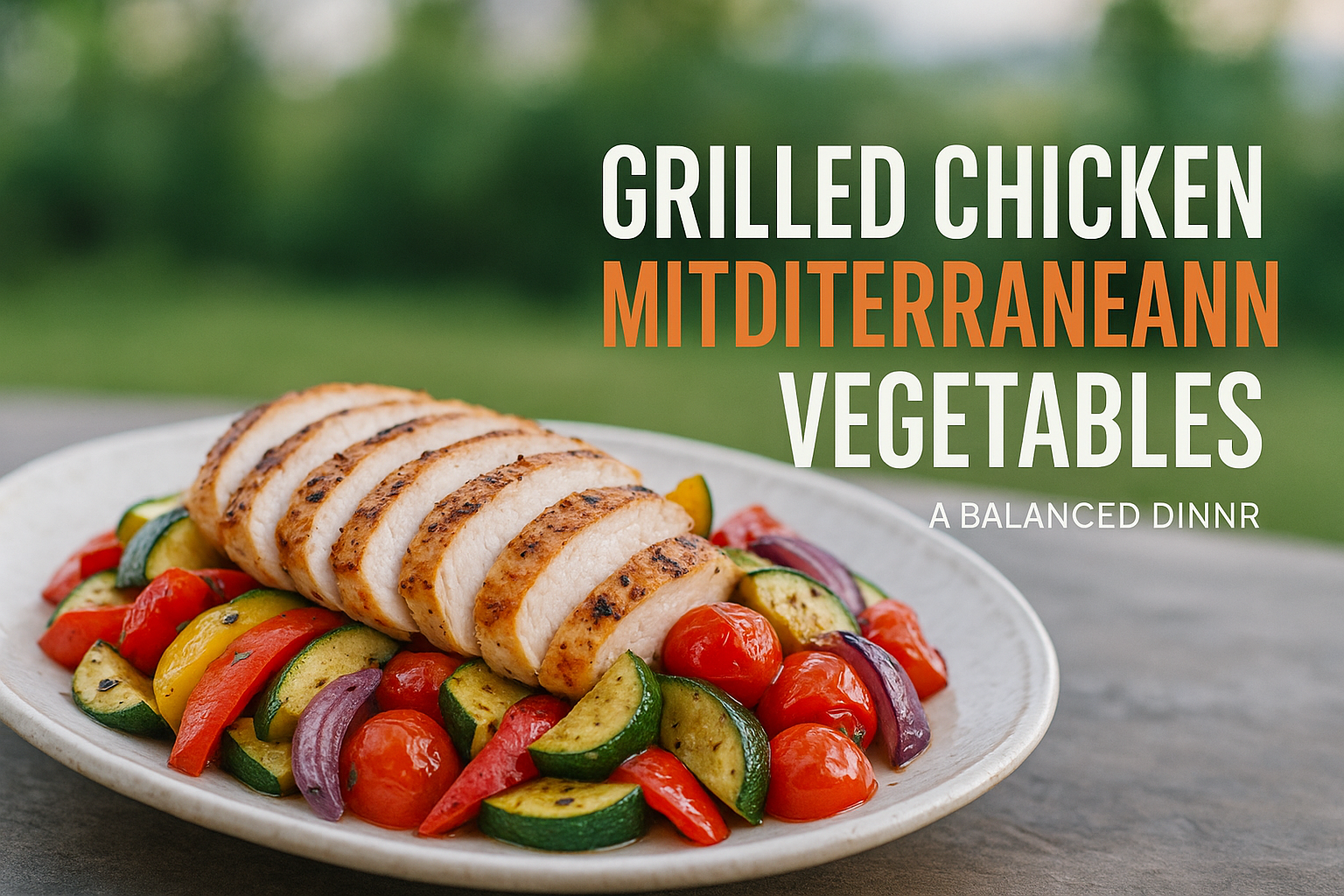 A stunning landscape cover image (1536x1024) featuring a beautifully plated dish of grilled chicken breast sliced on the bias, fanned over c