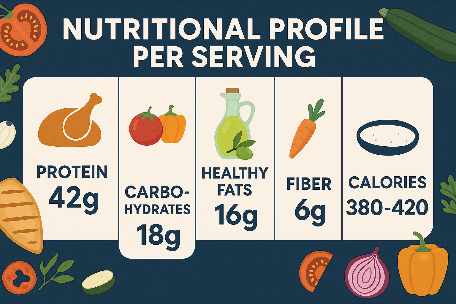 An informative infographic in landscape format (1536x1024) showing the nutritional breakdown of the grilled chicken and Mediterranean vegeta