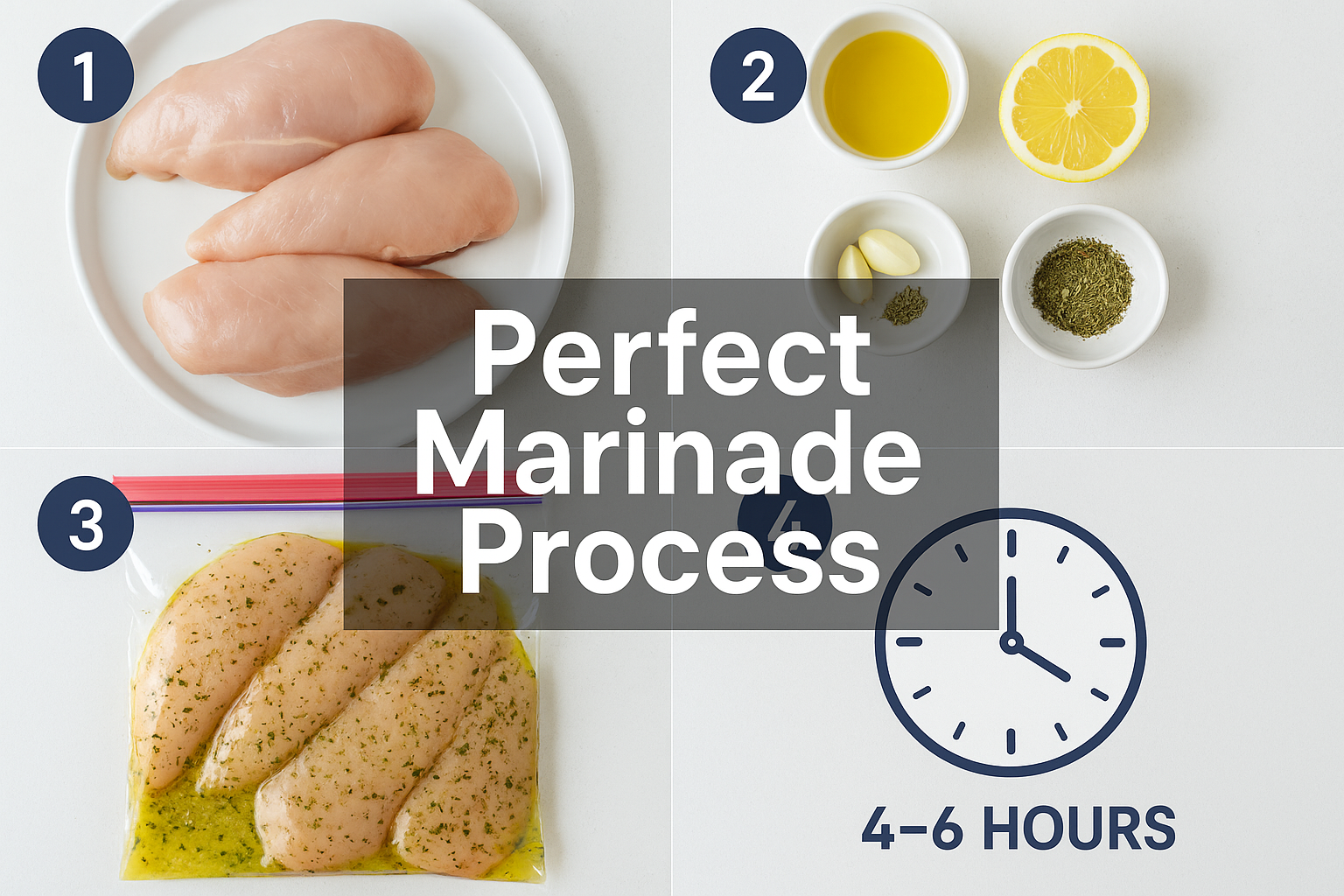 A square format image (1024x1024) showing a step-by-step visual guide for marinating chicken. The image is divided into four quadrants: top-