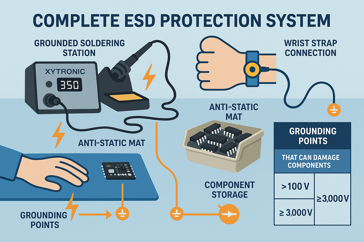Create a detailed infographic in 1536x1024 landscape format showing the complete ESD protection system. Include visual representations of: g
