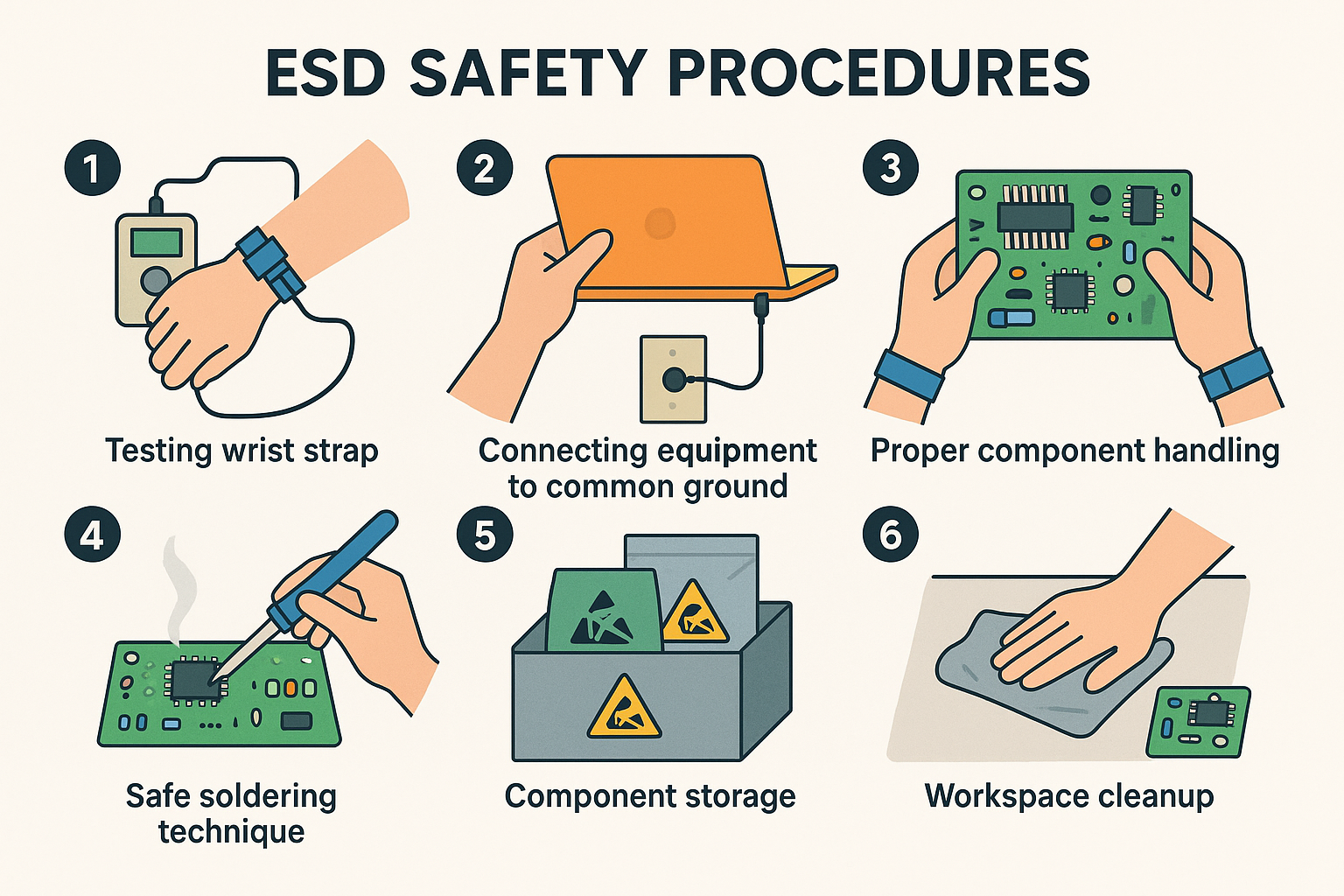 Create a step-by-step visual guide in 1536x1024 landscape format showing proper ESD safety procedures. Display 6 numbered steps: 1) Testing