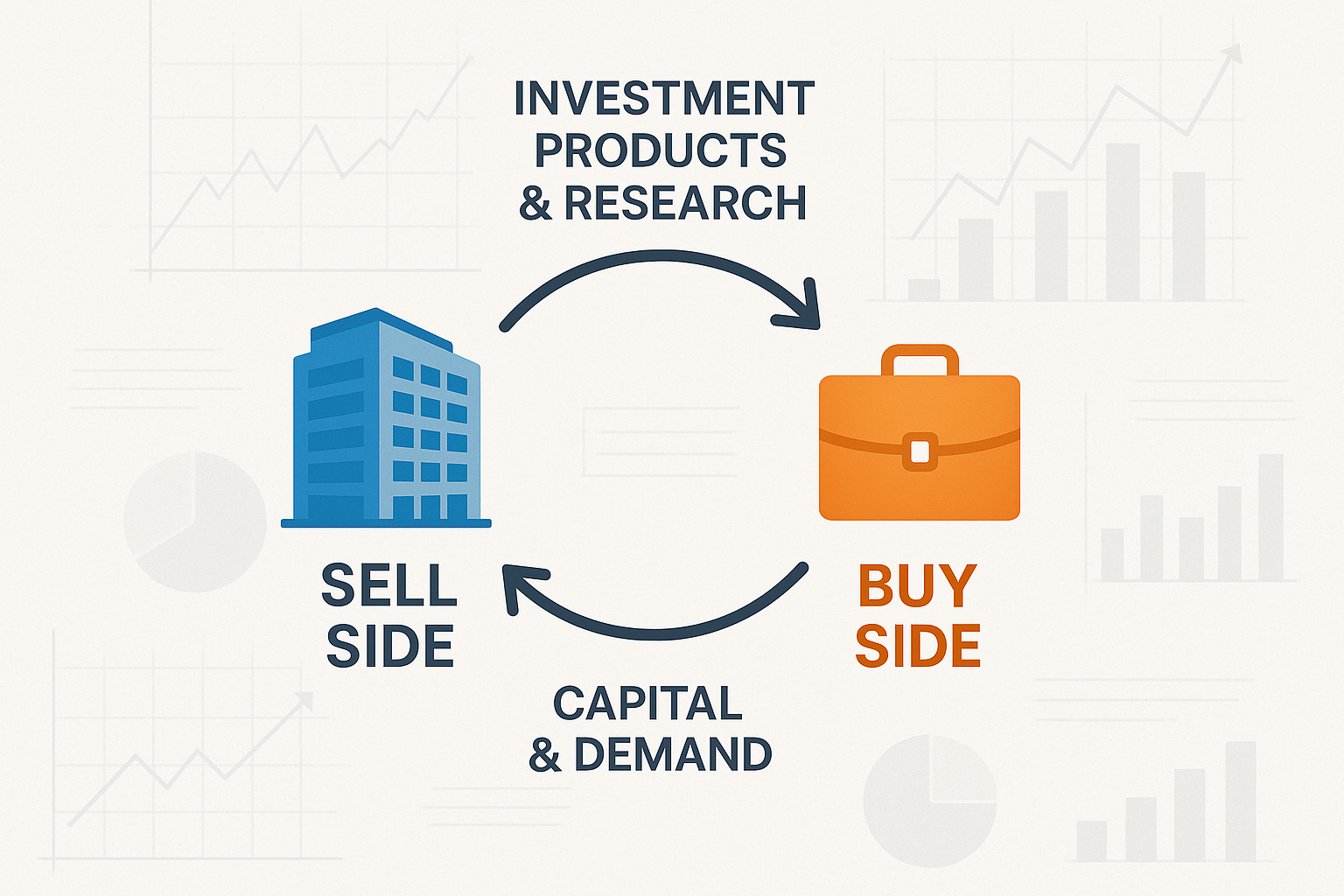 Square 1024x1024 illustration showing the symbiotic relationship between sell side and buy side. Center shows a circular flow diagram with s