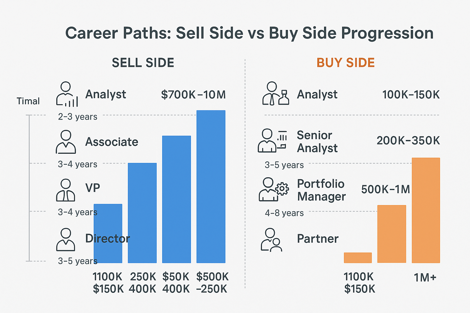 Landscape 1536x1024 infographic showing career progression paths. Split vertically: left side shows sell side path (Analyst → Associate → VP