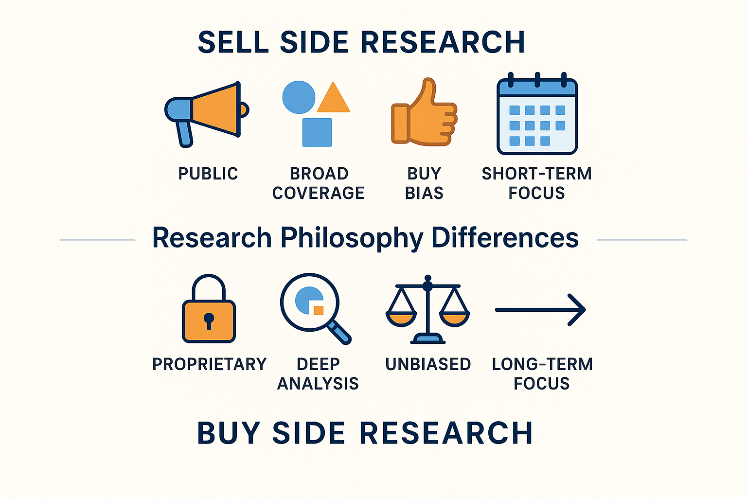 Square 1024x1024 illustration depicting research differences. Top half shows sell side research with icons: megaphone (public), multiple com