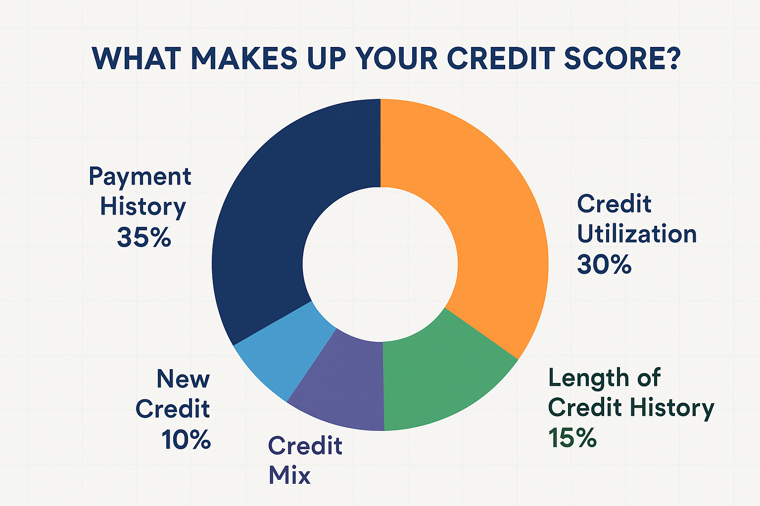 Landscape infographic (1536x1024) showing the FICO score breakdown as a colorful pie chart. Five segments labeled: "Payment History 35%" (la