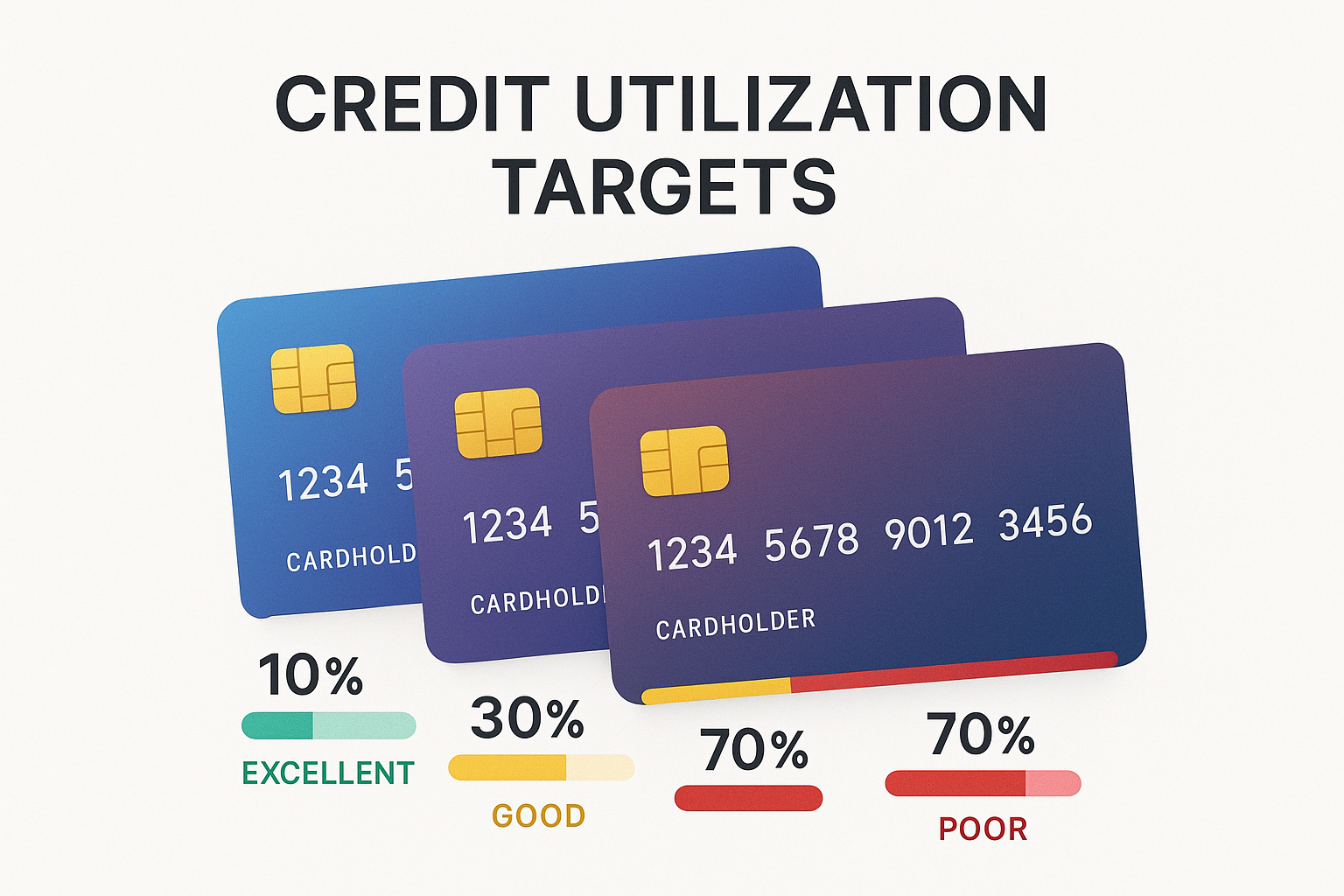 Square visual (1024x1024) illustrating the "30% Rule" concept. Show three credit cards stacked slightly overlapping. The first card has a pr