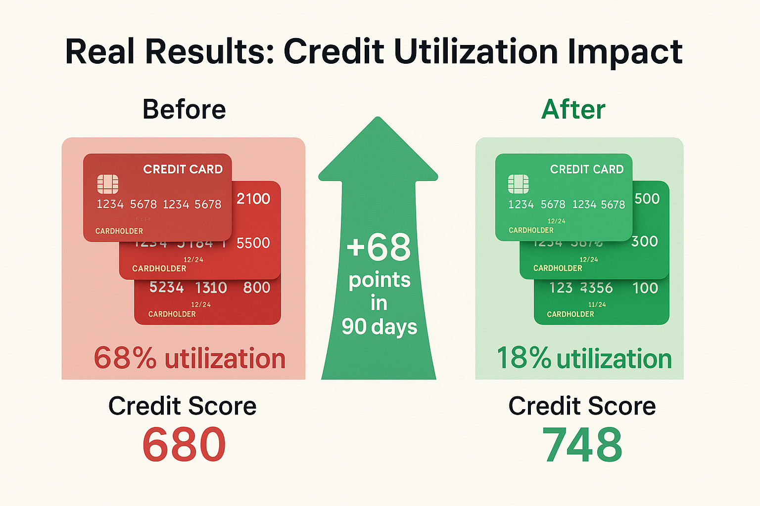 Landscape infographic (1536x1024) showing a before-and-after comparison. Left side labeled "Before" shows three credit cards with high balan