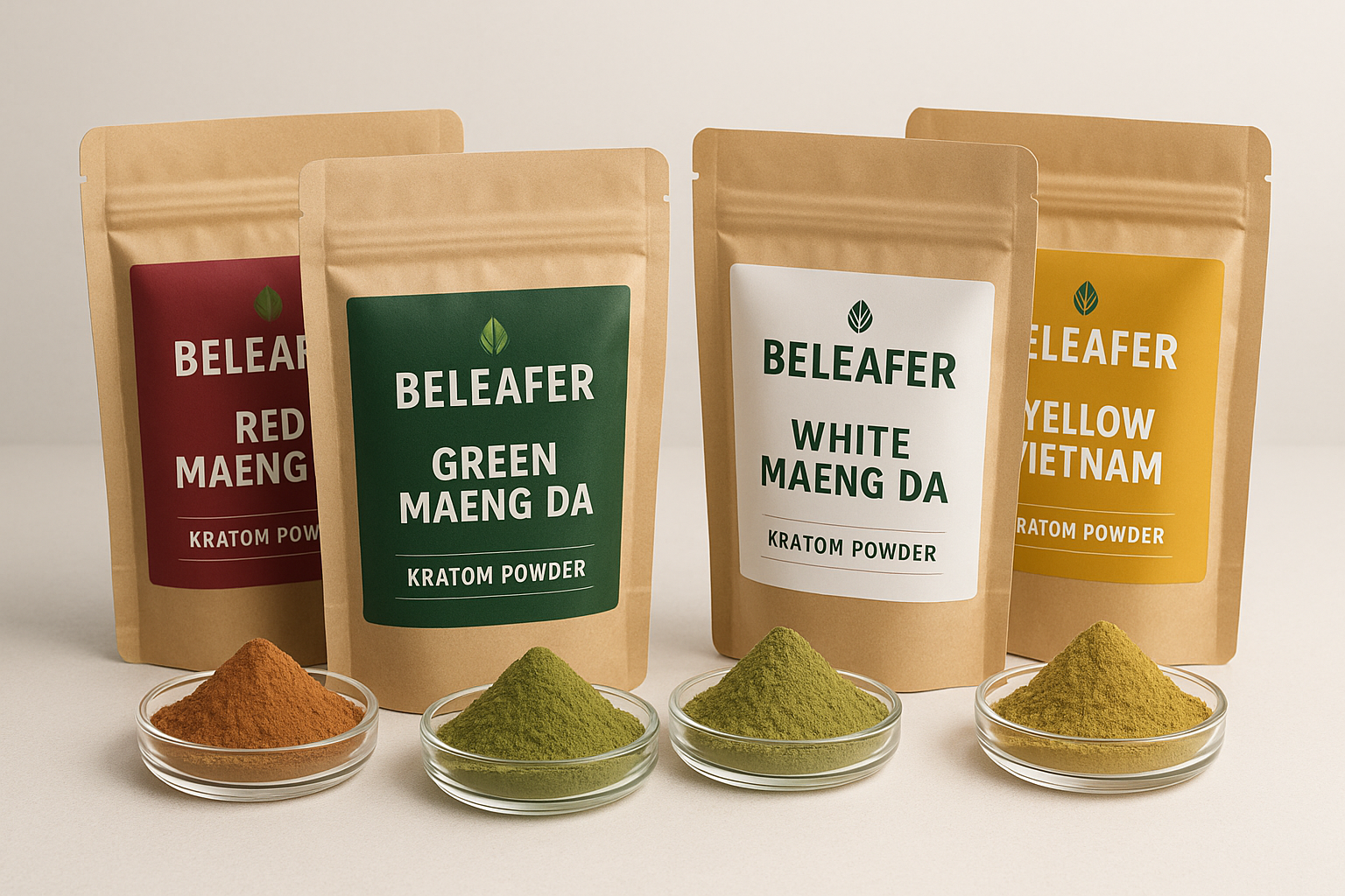Create a 1024x1024 square image showing various kratom strain packages from Beleafer arranged in an attractive product display. Include diff