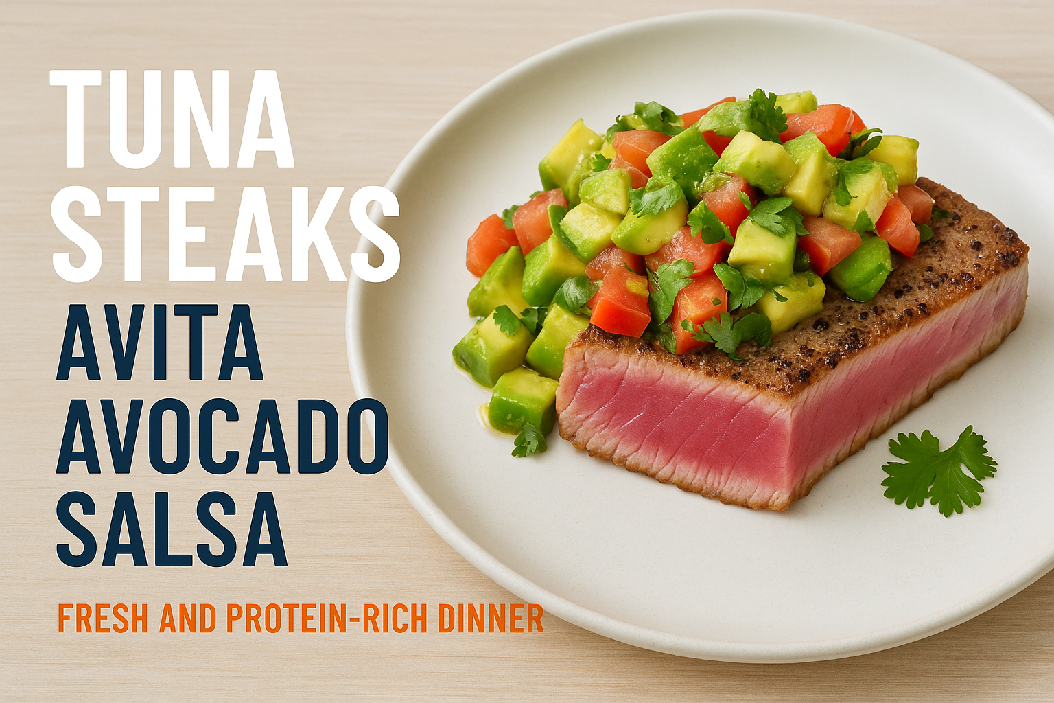 A stunning landscape cover image (1536x1024) featuring a beautifully seared tuna steak with a vibrant pink rare center, topped with colorful