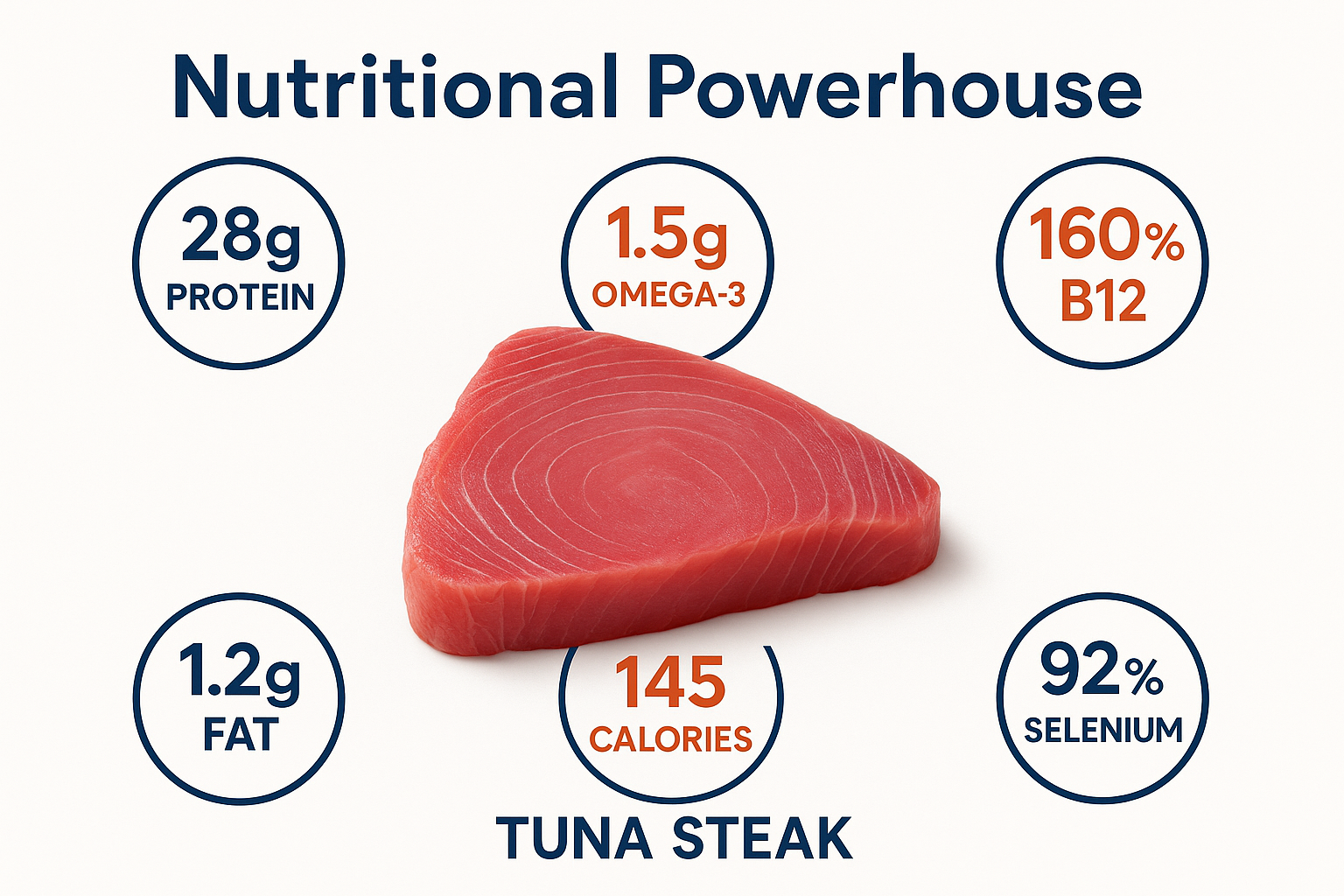 A detailed infographic in landscape format (1536x1024) showing the nutritional breakdown of tuna steaks. The design features a clean white b