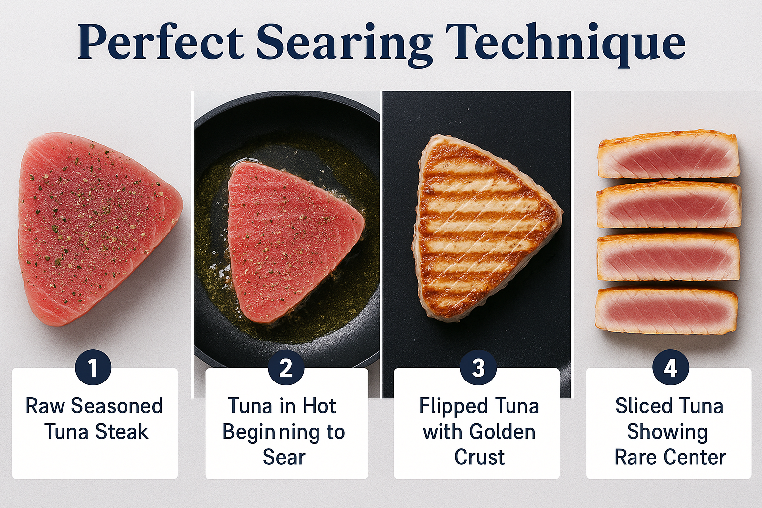 A step-by-step visual guide in landscape format (1536x1024) showing four stages of cooking tuna steaks. The image is divided into four equal