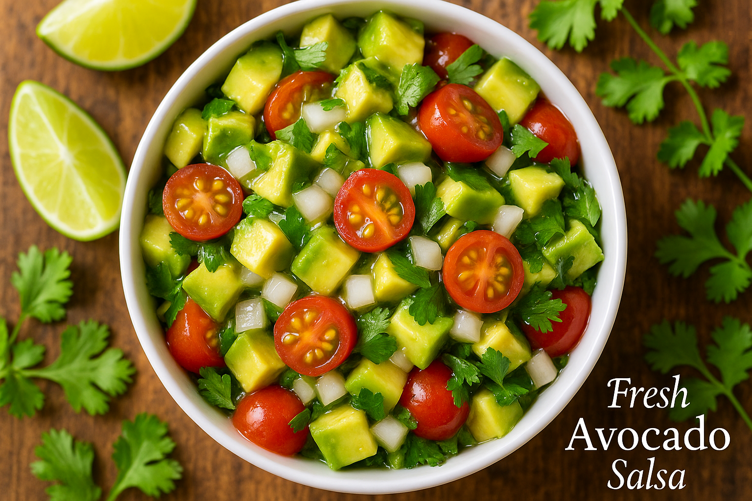 A vibrant square image (1024x1024) showing a close-up of fresh avocado salsa in a white bowl. The salsa features bright green diced avocados