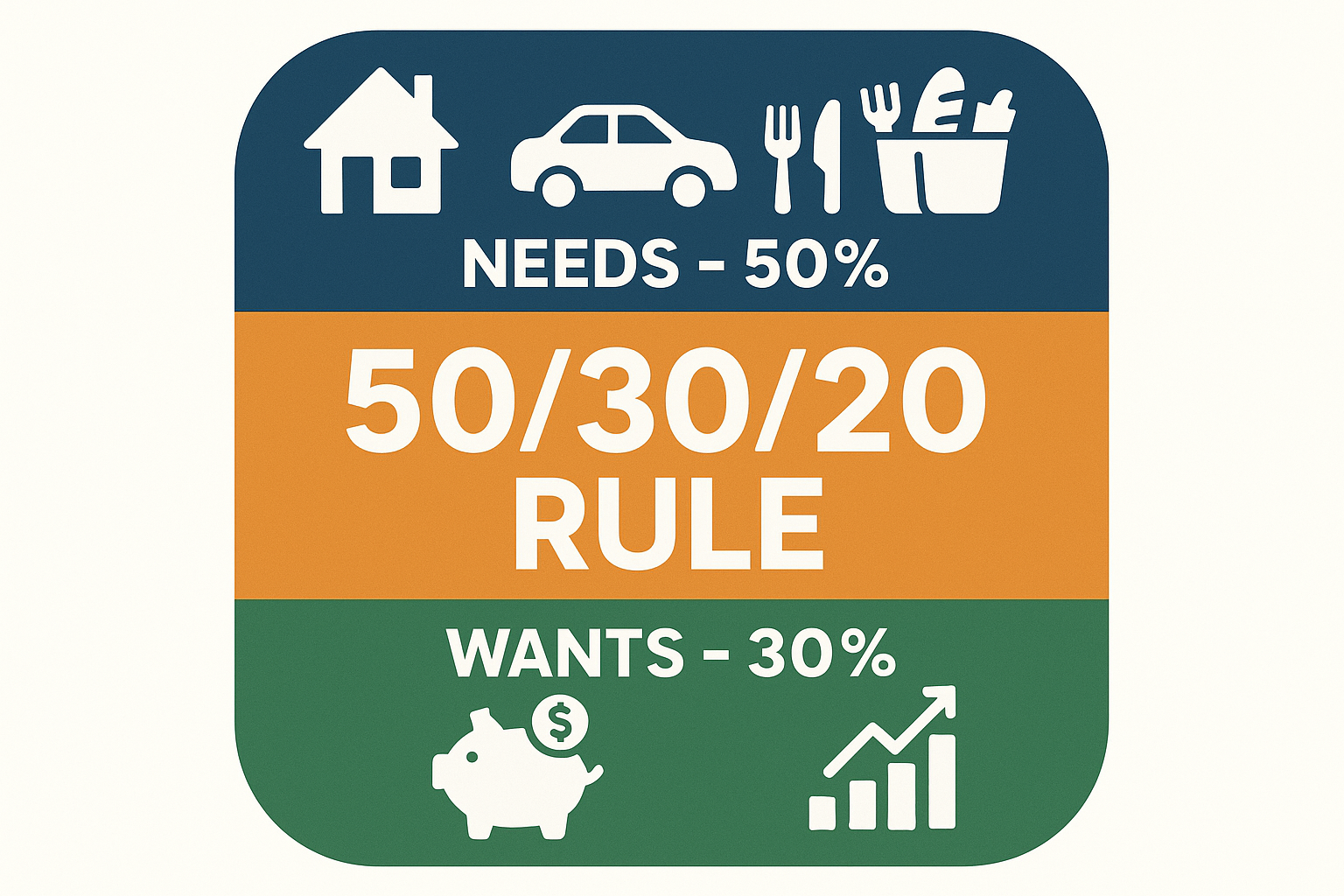 Square infographic in 1024x1024 format showing "The 50/30/20 Budget Rule" with three distinct sections. Top section (50%) in navy blue showi