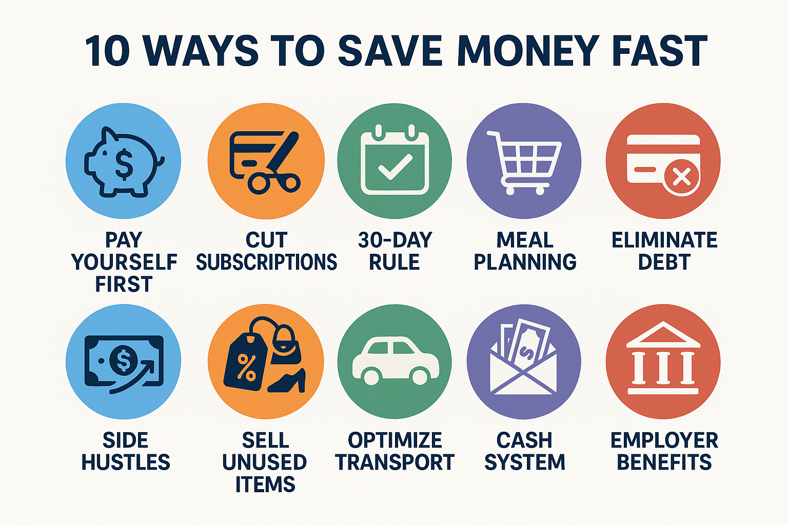 Landscape infographic in 1536x1024 format titled "10 Ways to Save Money Fast" at the top in bold navy text. Below, display 10 colorful circu
