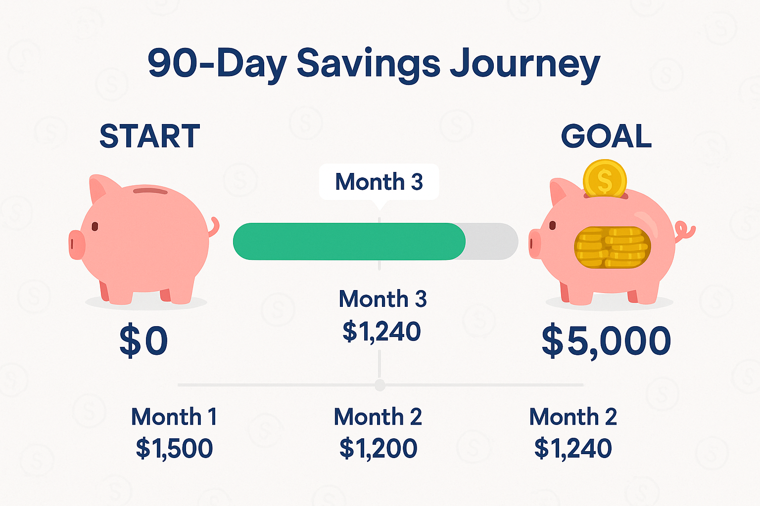 Square visual in 1024x1024 format showing a savings progress tracker. Left side shows "START" with empty piggy bank and "$0", right side sho
