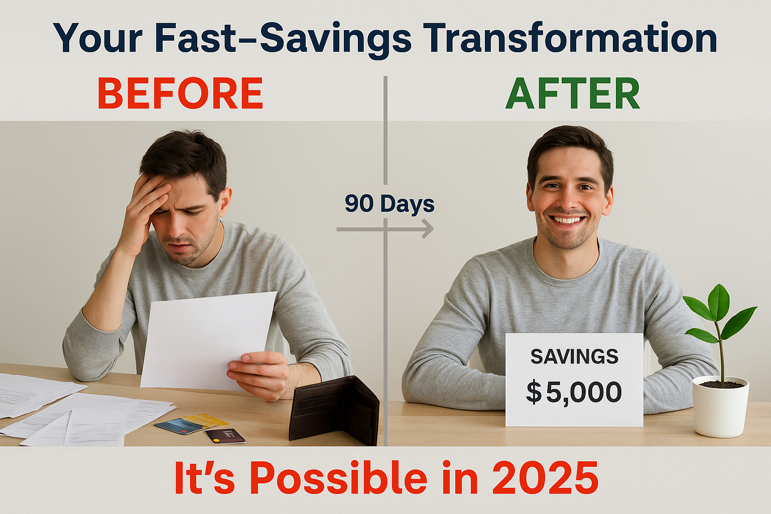 Landscape image in 1536x1024 format showing a split comparison. Left half titled "BEFORE" in red with stressed person looking at bills, mess