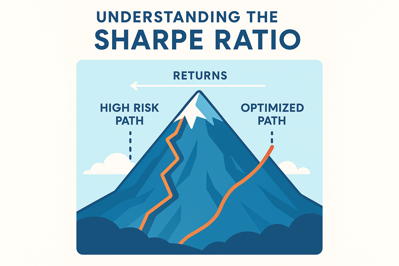 Square 1024x1024 illustration showing a visual representation of the Sharpe Ratio concept. Central image of a mountain with two climbing pat